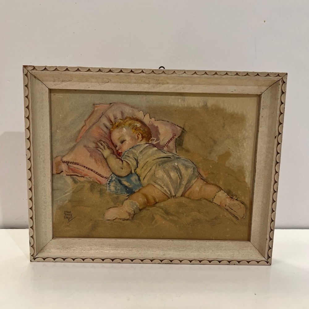 Vintage 1930s Pastel Print Litho BABY SLEEPING "Dreams" By Maud Tousey Fangel